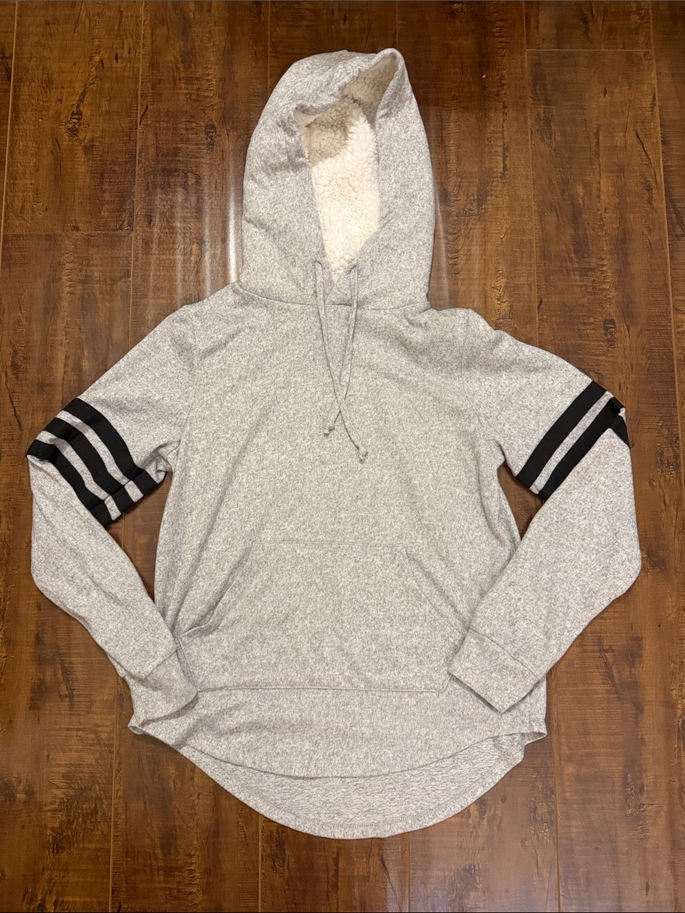 Derek Heart Heather Gray Hooded Sweatshirt with Black Sleeve Stripes